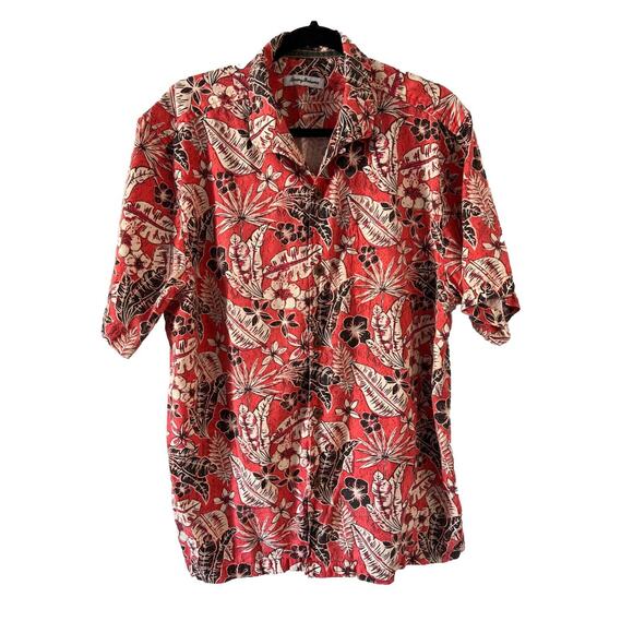 Tommy Bahama Coral Floral Print Hawaiian Shirt Men's Large Pocket Button Front - Picture 1 of 9